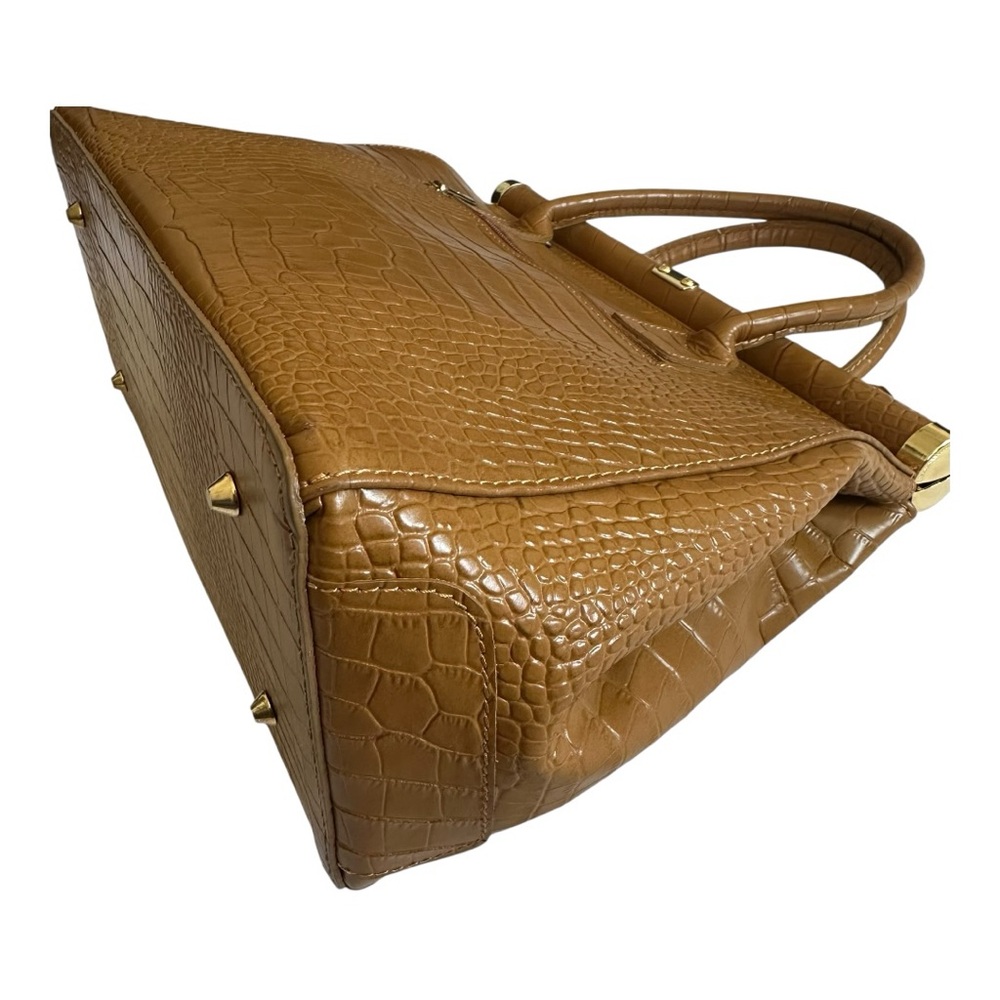 Italian Made Crocodile Embossed Genuine Leather Handbag Gold Hardware Turnlock - Picture 5 of 16